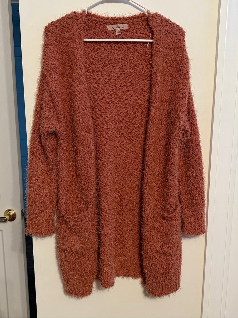 Love Tree Plush Open-Front Cardigan in Rust